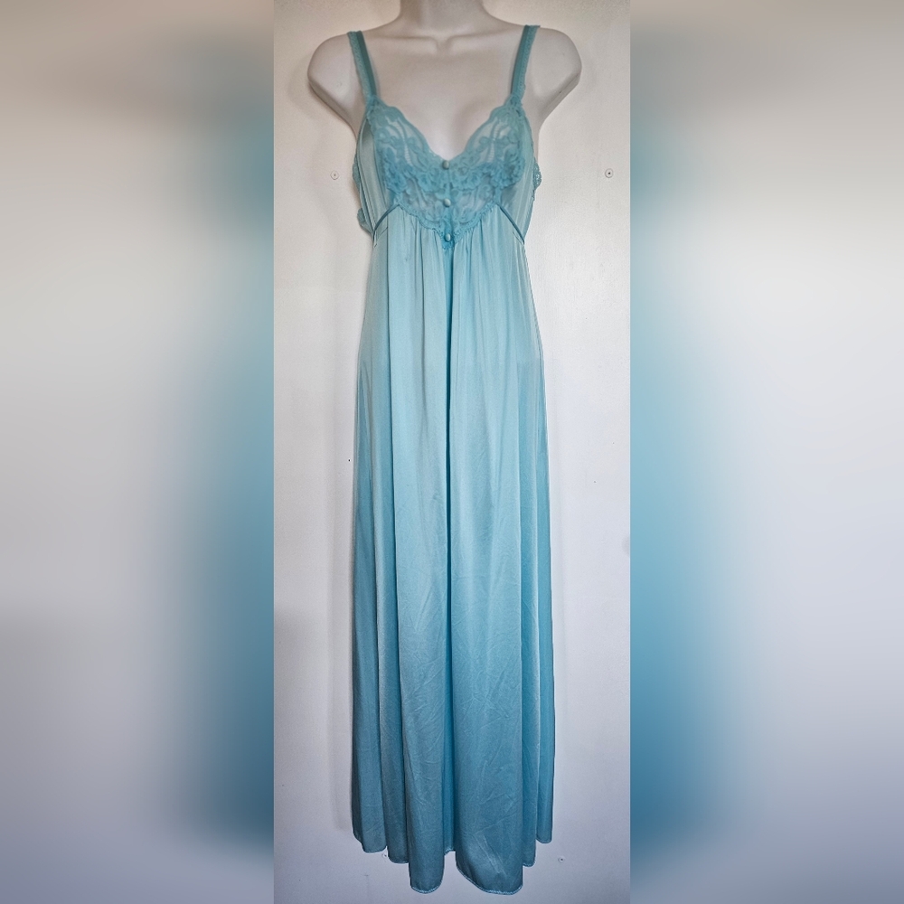Vintage Beauriful Maxi Sky Blue Lace Chemise Sleepwear Long Size S